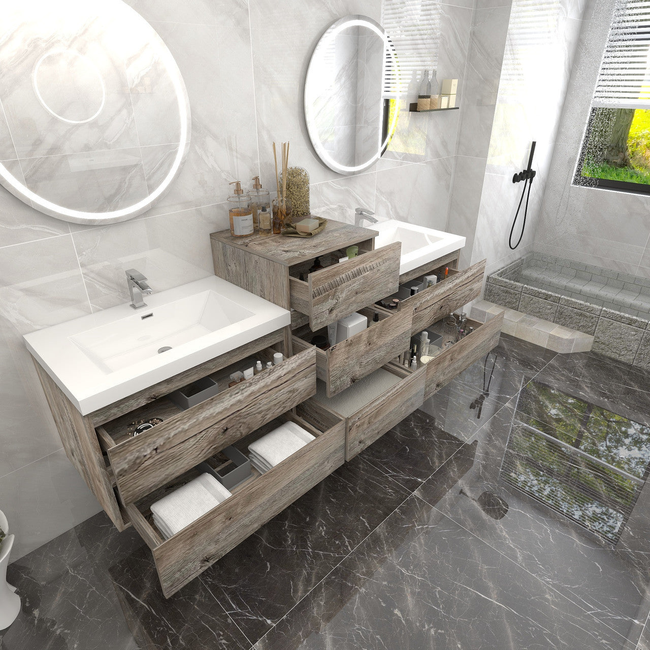 Bow 68" Wall Mounted Bathroom Vanity with Reinforced Acrylic Integrated Sink Top and Center Linen Cabinet