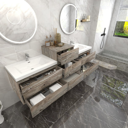 Bow 68" Wall Mounted Bathroom Vanity with Reinforced Acrylic Integrated Sink Top and Center Linen Cabinet