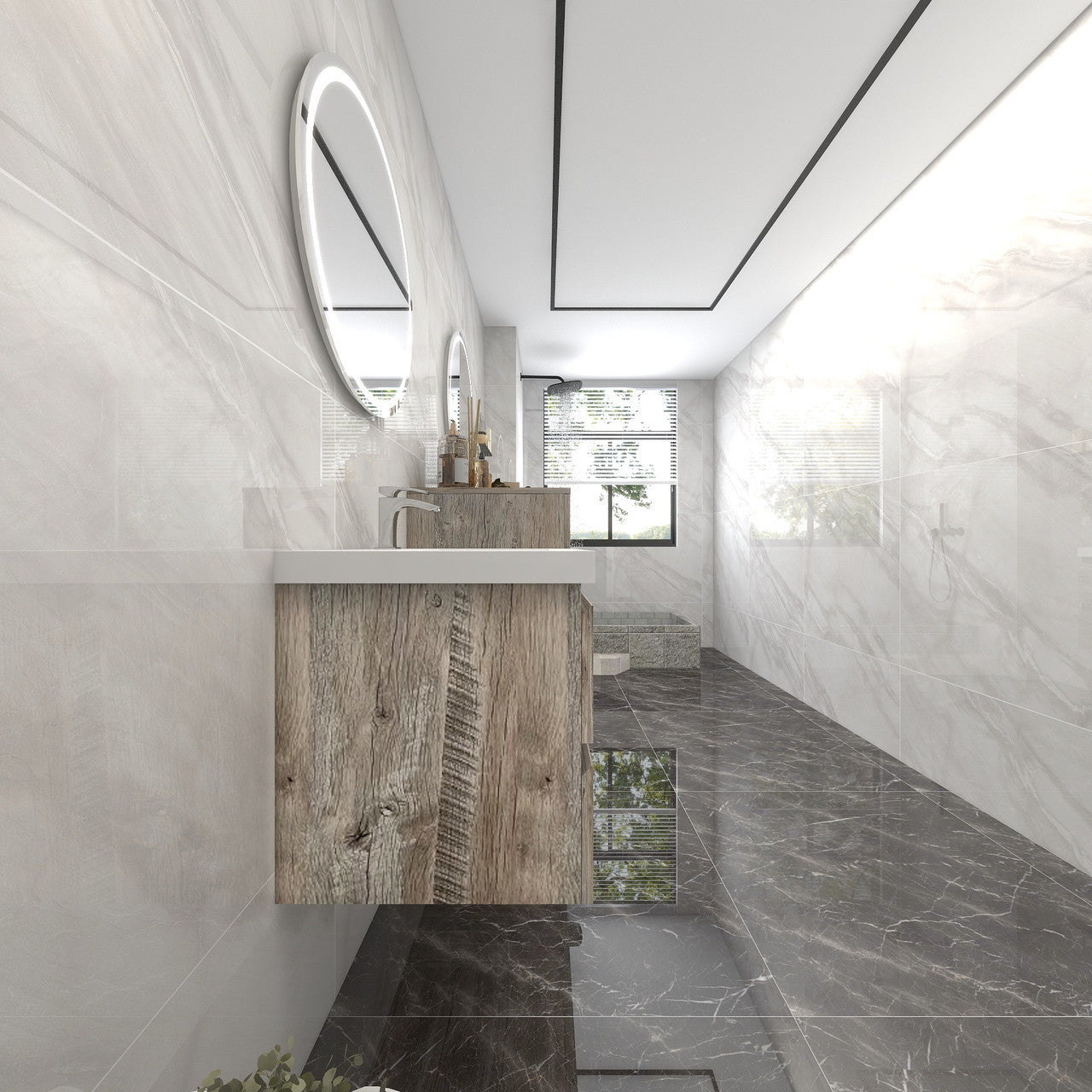 Bow 68" Wall Mounted Bathroom Vanity with Reinforced Acrylic Integrated Sink Top and Center Linen Cabinet