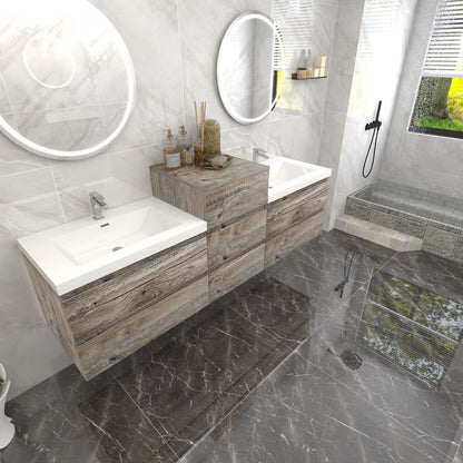 Bow 68" Wall Mounted Bathroom Vanity with Reinforced Acrylic Integrated Sink Top and Center Linen Cabinet