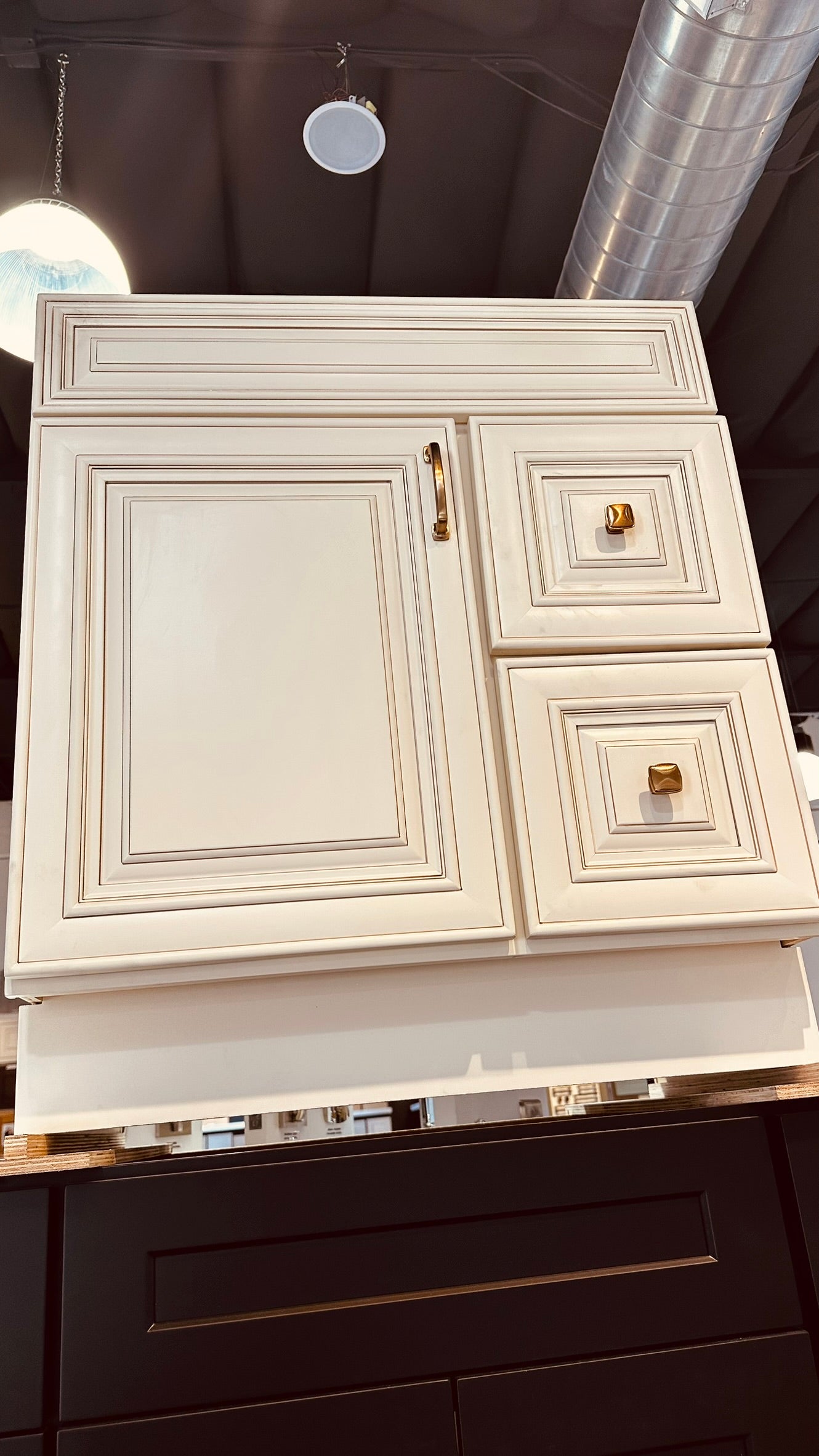 30 inch antique white vanity cabinet, new in box, clearance