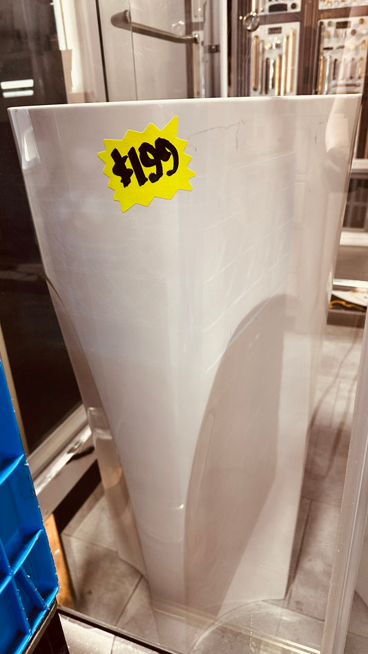 White pedestal bathroom sink with angular design, clearance