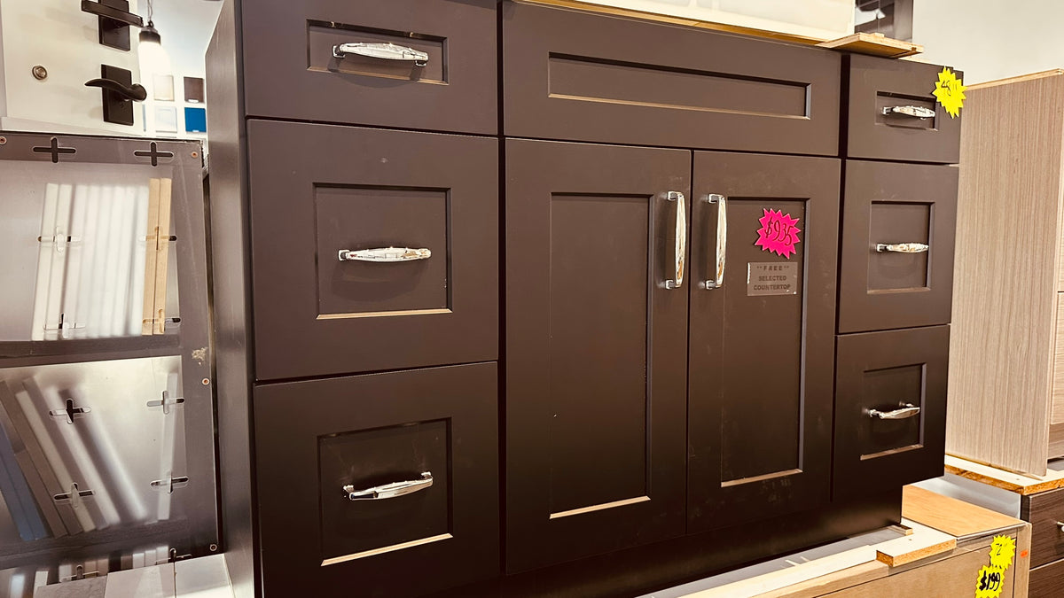 48 inch black shaker vanity cabinet with 6 drawers, clearance