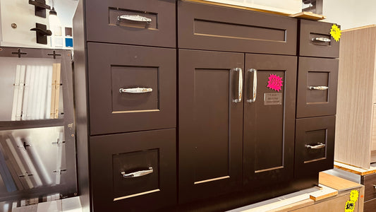 48 inch black shaker vanity cabinet with 6 drawers, clearance