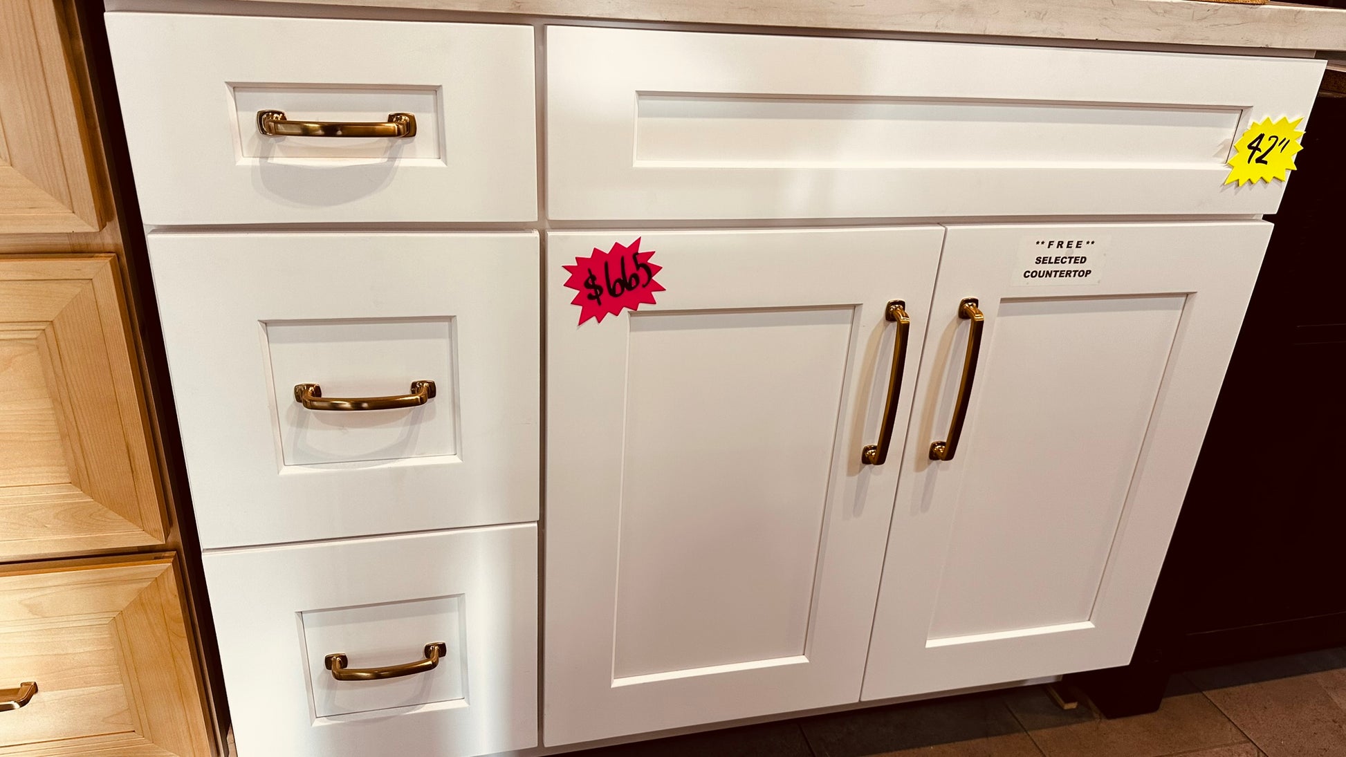 42 inch white shaker vanity cabinet with drawers on left, clearance