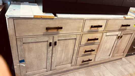 72 inch weathered oak double sink vanity cabinet, clearance