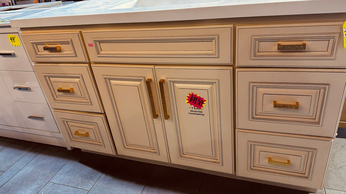 58 inch antique white shaker vanity cabinet, clearance