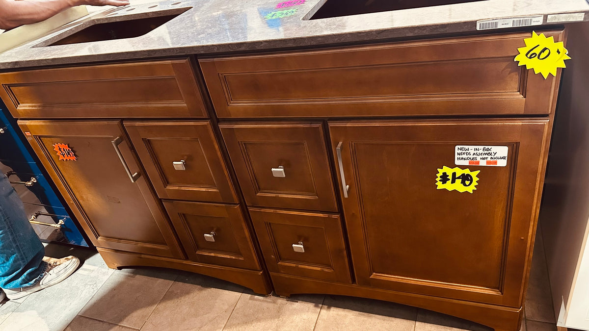 60 inch mocha shaker double sink vanity cabinet, new in box, clearance