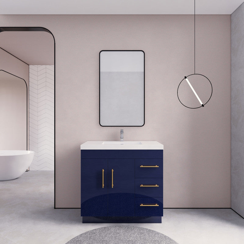 [CLEARANCE] 36" Elsa High Gloss Night Blue Vanity with 3 Right Drawers [BASE ONLY]