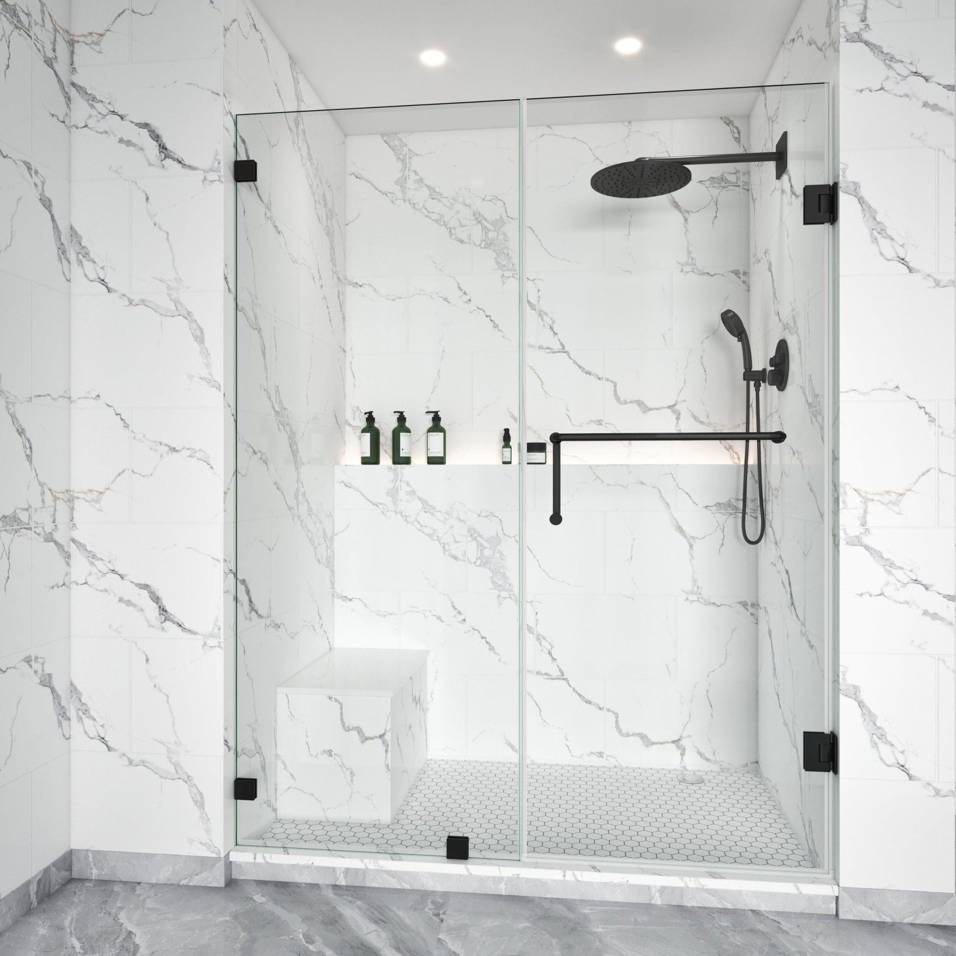 Thalos Frameless Swing Shower Door in Matte Black by Lina Collection