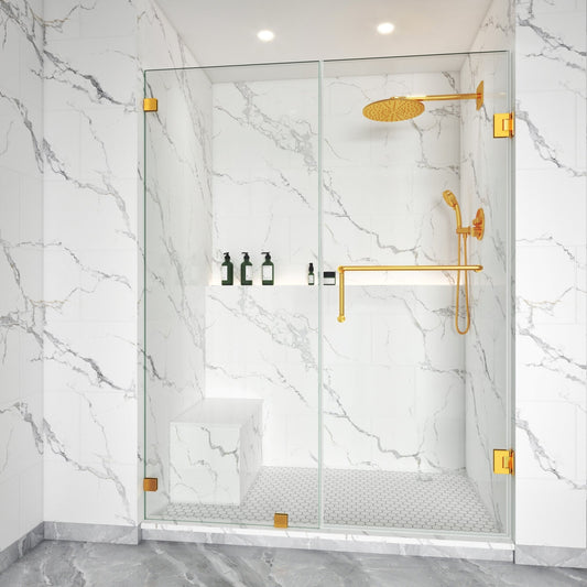 Thalos Frameless Swing Shower Door in Brushed Gold by Lina Collection