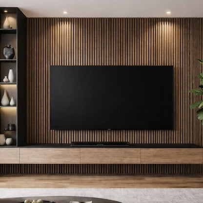 American Walnut acoustic slat wall panel installed as a feature wall in a furnished room