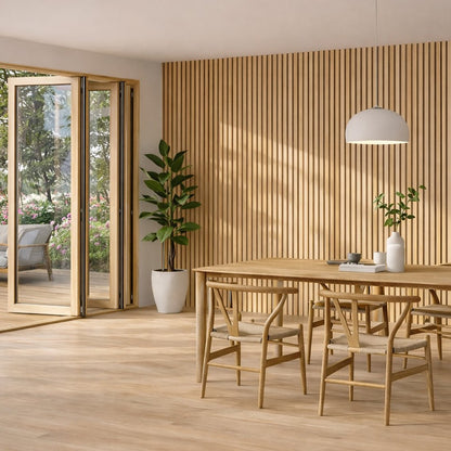 Natural Oak acoustic slat wall panel installed as a feature wall in a furnished room