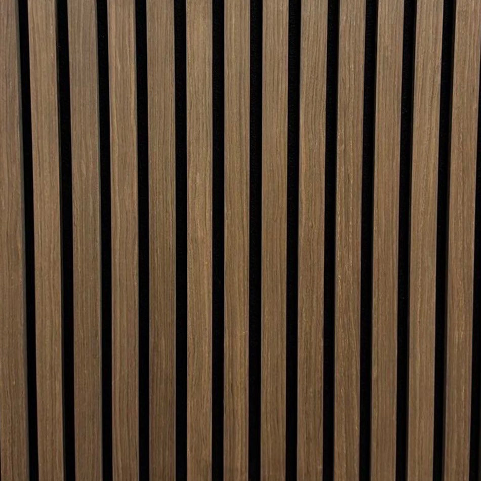 Felt Backed Acoustic Slat MDF Interior Decorative Wall Panel in American Walnut, close up of the slats on felt backing