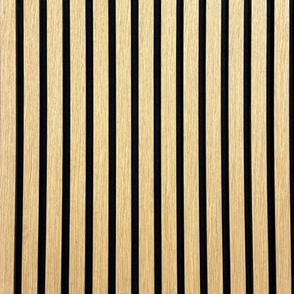 Felt Backed Acoustic Slat MDF Interior Decorative Wall Panel in Natural Oak, close up of the slats on felt backing