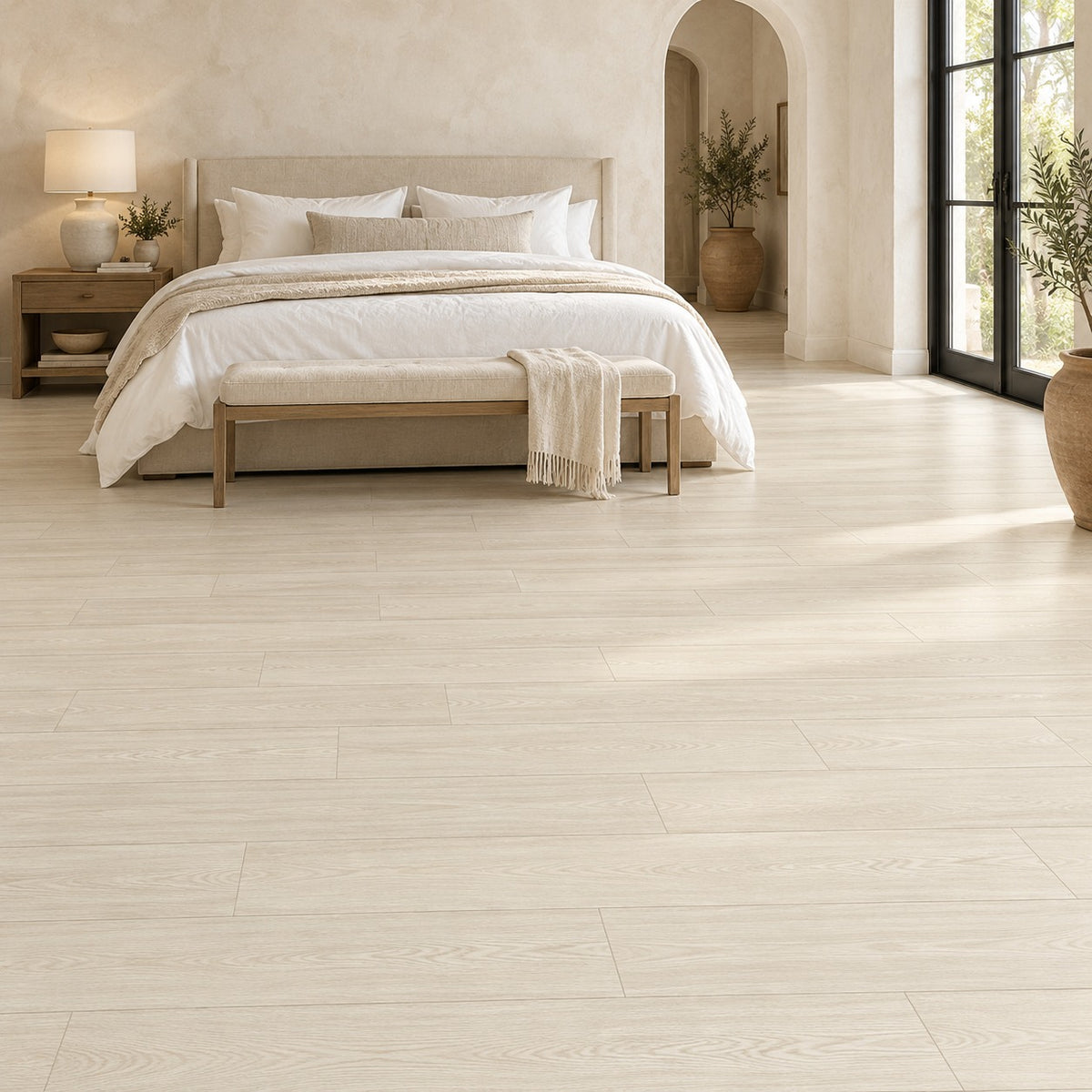 La Vie Primed Oak Silver Mirage Engineered Wood Flooring installed in a bedroom