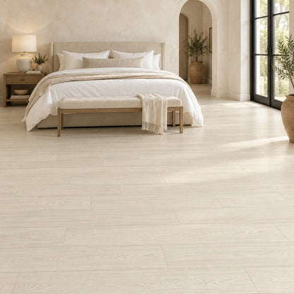 La Vie Primed Oak Silver Mirage Engineered Wood Flooring installed in a bedroom