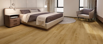 Sessile Oak water resistant laminate flooring, golden honey oak, 48 by 7-11/16 inch planks, room setting