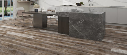 Sierra Mount Elbrus waterproof SPC vinyl plank flooring, mixed gray and brown reclaimed wood, 48 by 7 inch planks, room setting
