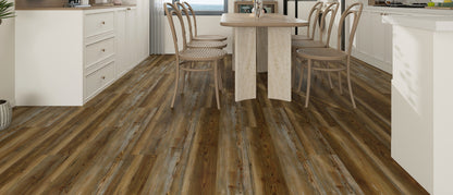 Sierra Mount Rainier waterproof SPC vinyl plank flooring, rustic medium brown pine, 48 by 7 inch planks, room setting