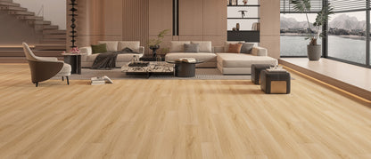 Swamp Spanish Oak water resistant laminate flooring, light blonde oak, 60 by 7-11/16 inch planks, room setting