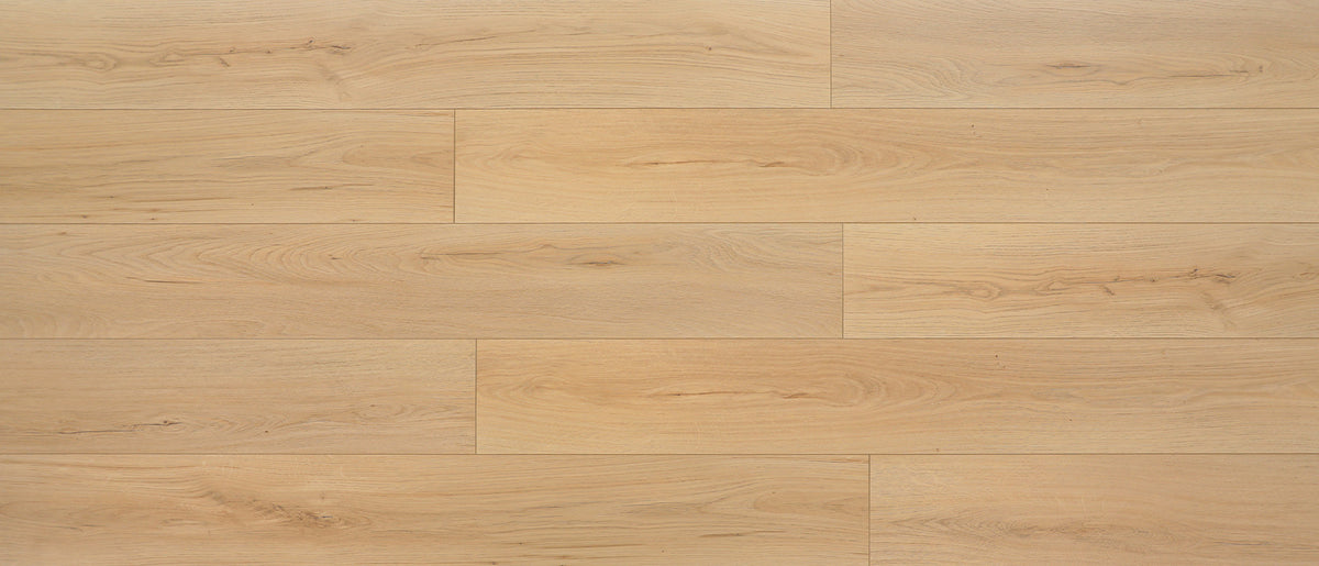 Swamp Spanish Oak water resistant laminate flooring, light blonde oak, 60 by 7-11/16 inch planks, plank close up