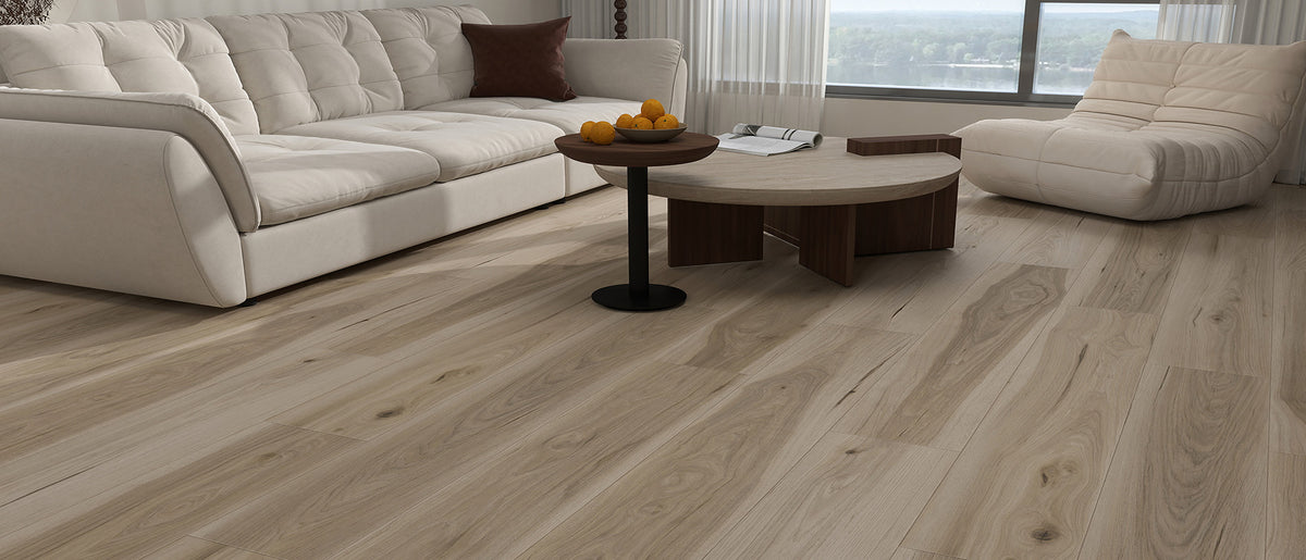 Texas Live Oak water resistant laminate flooring, soft greige oak, 60 by 7-11/16 inch planks, room setting