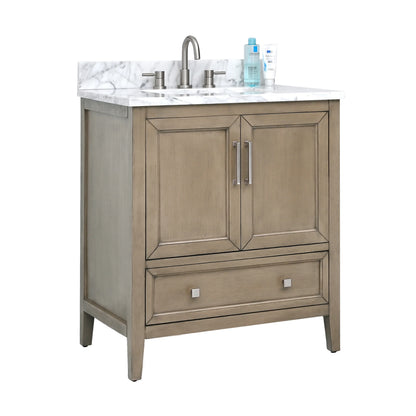 Everette 30" Freestanding Bathroom Vanity with Carrara White Natural Marble Top and Vitreous China Undermount Sink