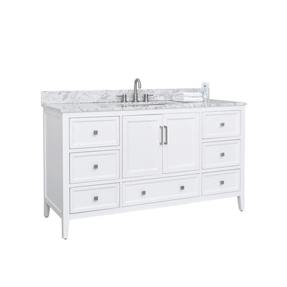 Everette 60" Freestanding Bathroom Vanity with Carrara White Natural Marble Top and Vitreous China Undermount Sink