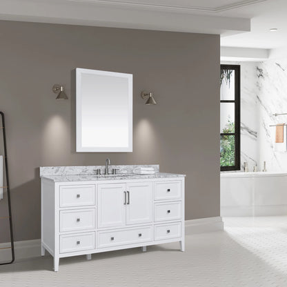 Everette 60" Freestanding Bathroom Vanity with Carrara White Natural Marble Top and Vitreous China Undermount Sink