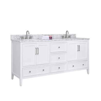 Everette 72" Freestanding Bathroom Vanity with Carrara White Natural Marble Top and Vitreous China Undermount Sinks