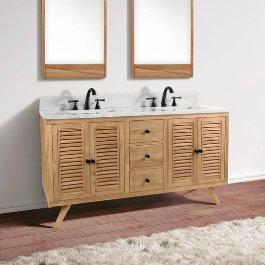 Harper 60" Freestanding Bathroom Vanity with Carrara White Natural Marble Top and Vitreous China Undermount Sinks