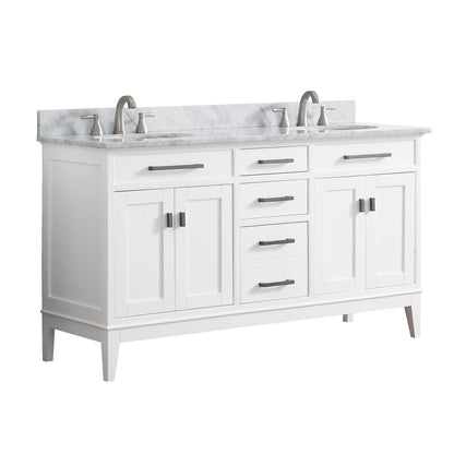 Madison 60" Freestanding Bathroom Vanity with Carrara White Natural Marble Top and Vitreous China Undermount Sinks