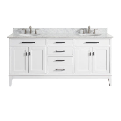 Madison 72" Freestanding Bathroom Vanity with Carrara White Natural Marble Top and Vitreous China Undermount Sinks