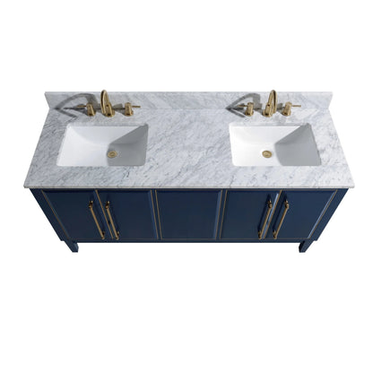 Mason 60" Freestanding Bathroom Vanity with Carrara White Natural Marble Top and Vitreous China Undermount Sinks