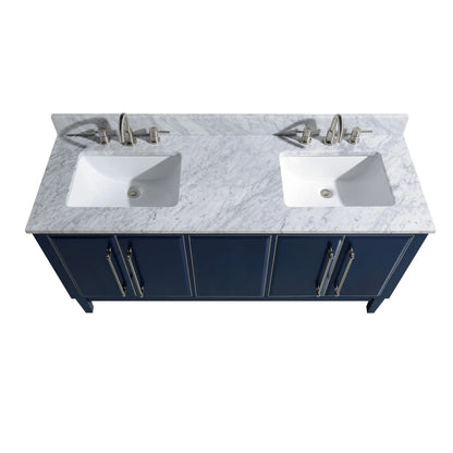 Mason 60" Freestanding Bathroom Vanity with Carrara White Natural Marble Top and Vitreous China Undermount Sinks