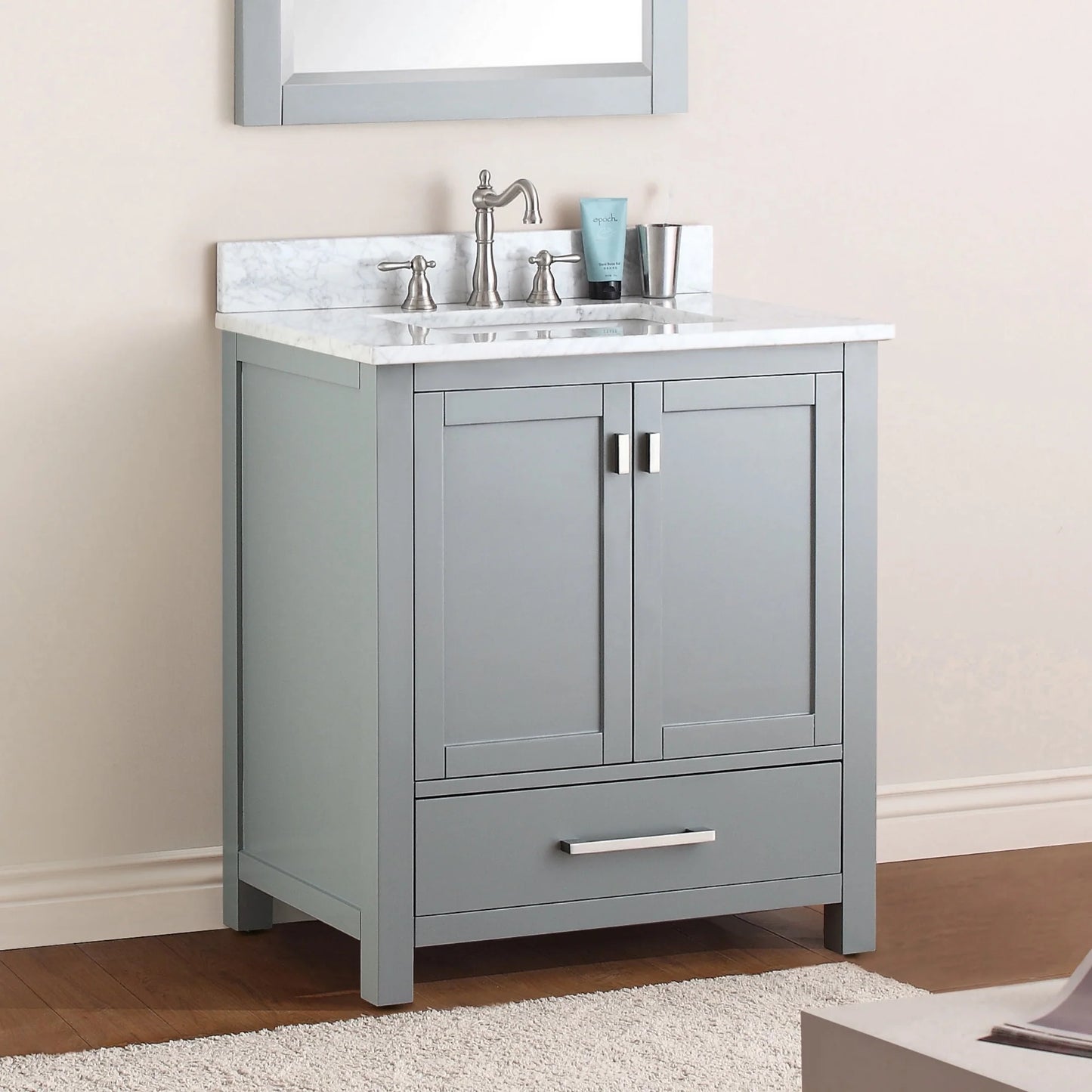 Modero 30 inch freestanding bathroom vanity, stone top, vitreous china undermount basin, solid wood cabinet