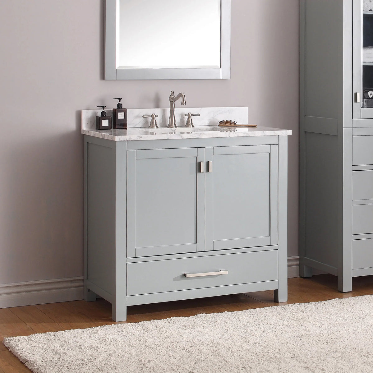 Modero 36 inch freestanding bathroom vanity, stone top, vitreous china undermount basin, solid wood cabinet