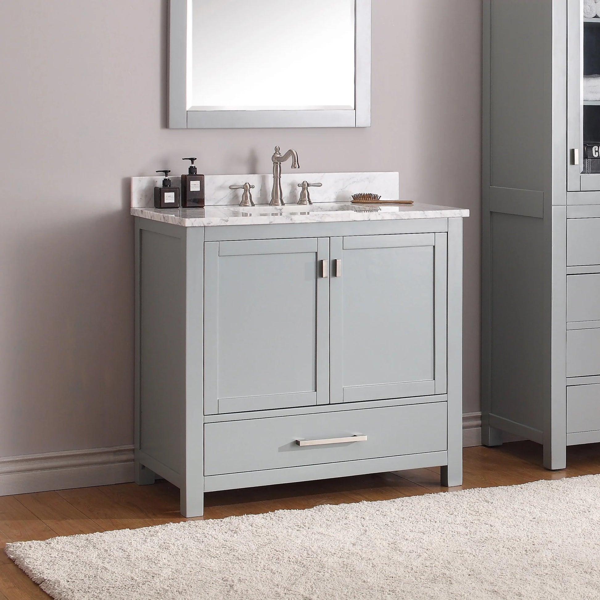 Modero 36 inch freestanding bathroom vanity, stone top, vitreous china undermount basin, solid wood cabinet