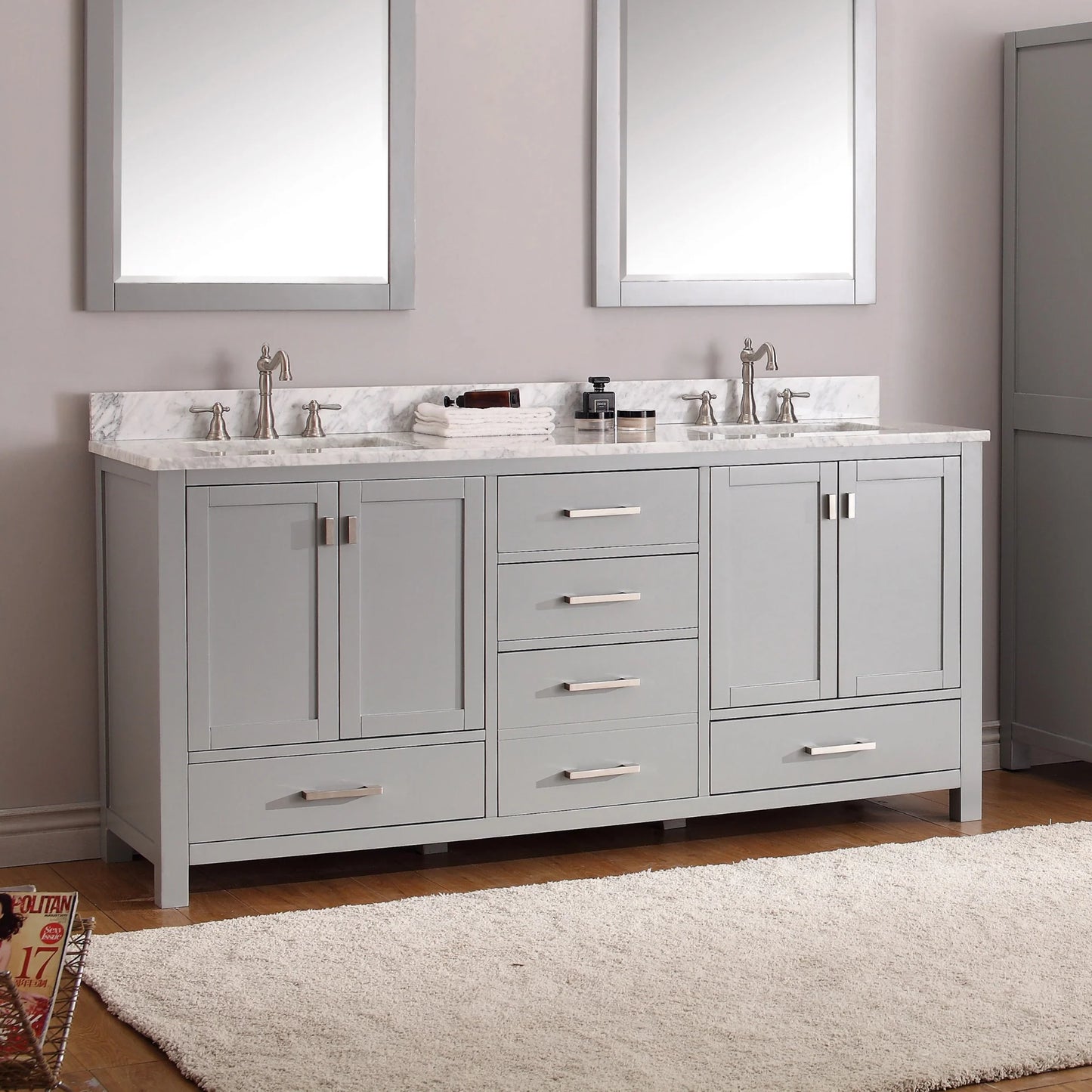 Modero 72 inch freestanding bathroom vanity, stone top, double vitreous china undermount basins, solid wood cabinet