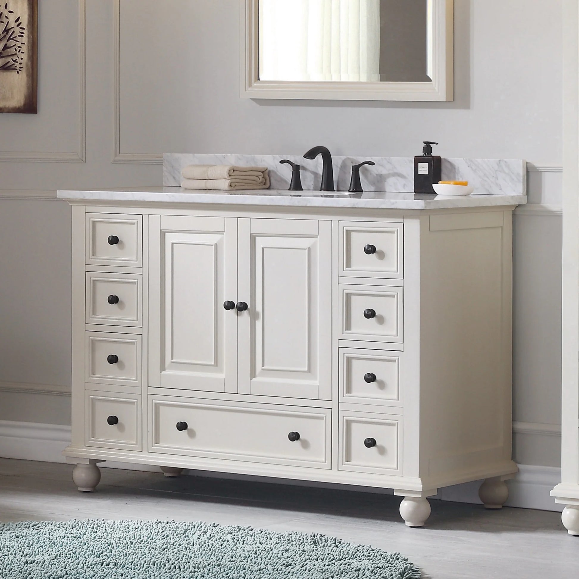 Thompson 48" Modern Bathroom Vanity Carrara marble top & undermount sink Features 9 storage spaces | KBH Home
