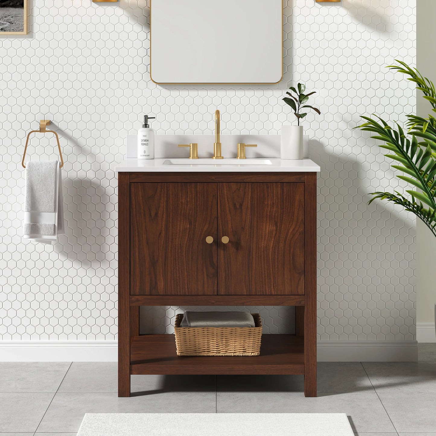 Zoe 30 inch freestanding bathroom vanity, Pure White quartz top, vitreous china undermount basin, solid wood cabinet