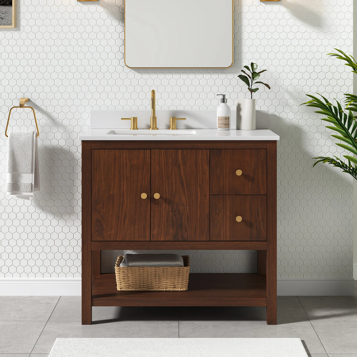 Zoe 36 inch freestanding bathroom vanity, Pure White quartz top, vitreous china undermount basin, solid wood cabinet