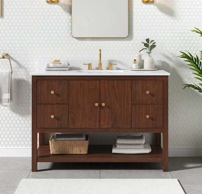 Zoe 48 inch freestanding bathroom vanity, Pure White quartz top, vitreous china undermount basin, solid wood cabinet