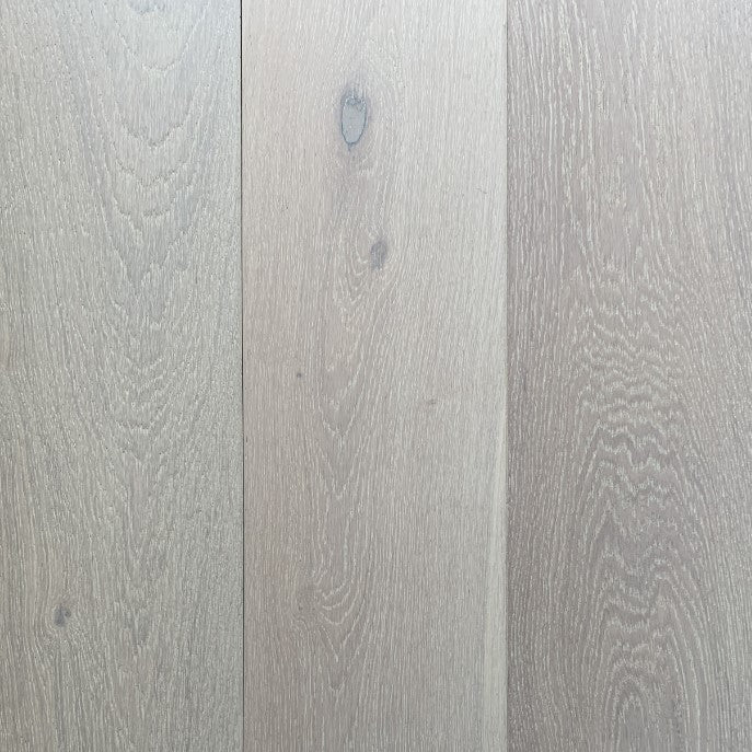 Elegant Frostwood engineered European oak flooring, white washed matte finish, wire brushed, 9 inch wide boards