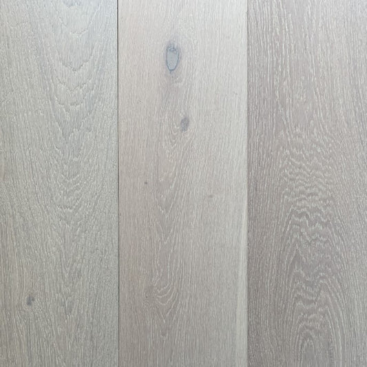 Elegant Frostwood engineered European oak flooring, white washed matte finish, wire brushed, 9 inch wide boards