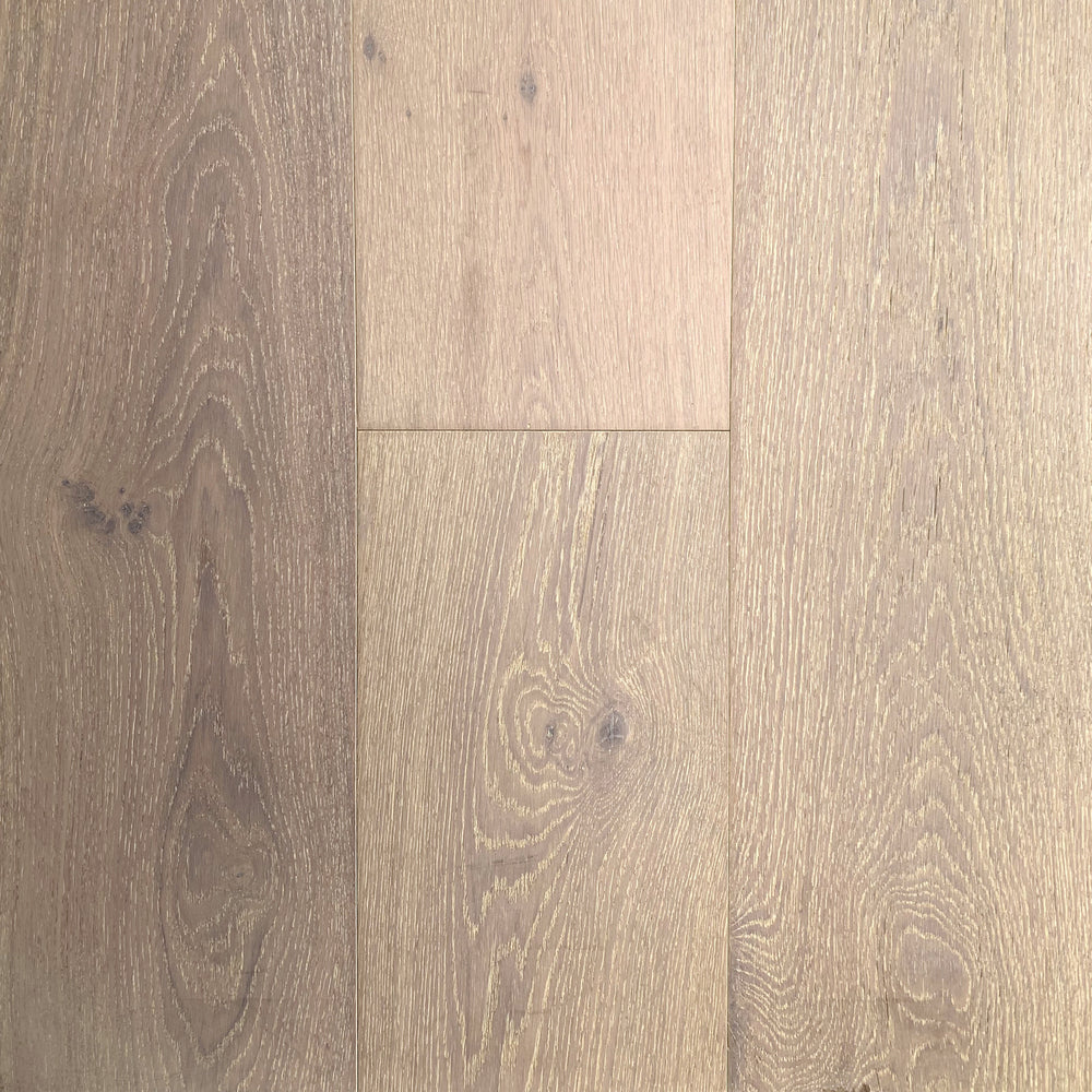 Elegant Glacier Stone engineered European oak flooring, 3 mm wear layer, white washed, wire brushed