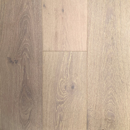 Elegant Glacier Stone engineered European oak flooring, 3 mm wear layer, white washed, wire brushed