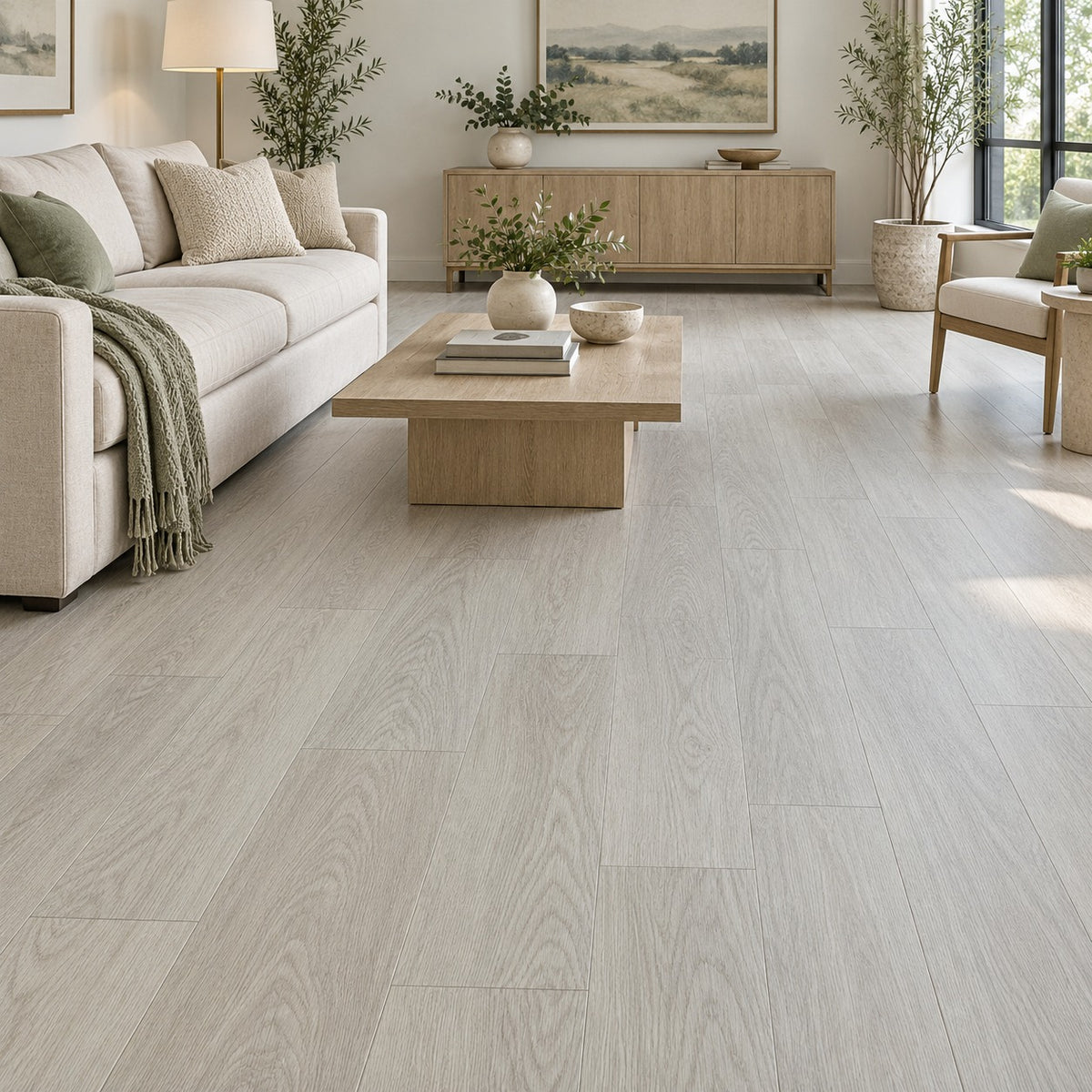 Golden Elegance Gilded Ivory Waterproof SPC Flooring installed in a living room