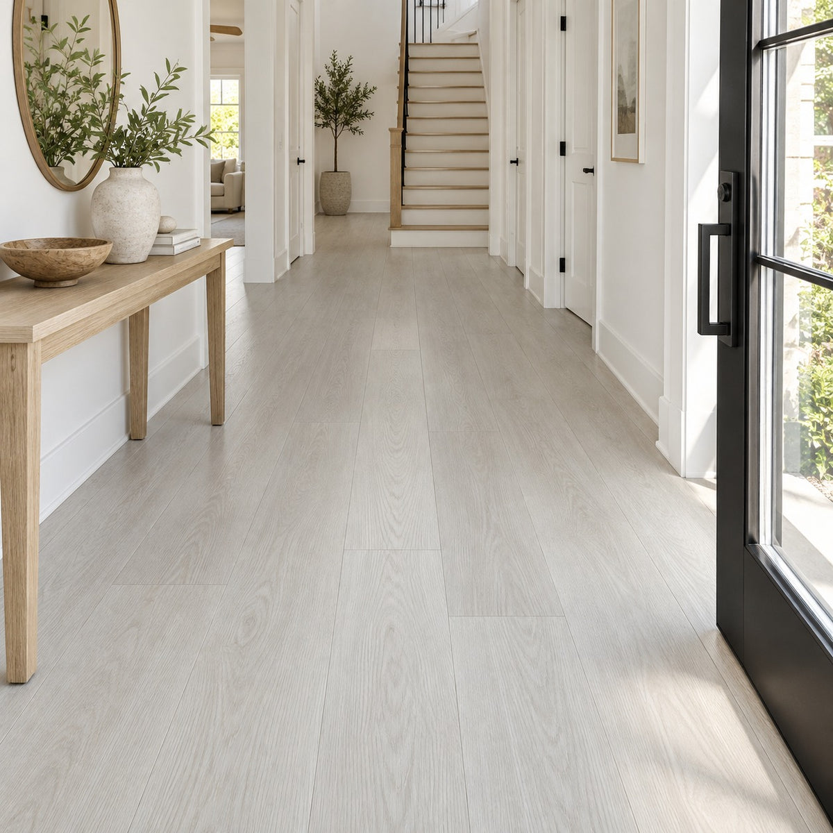 Golden Elegance Satin Goldstone Waterproof SPC Flooring installed in an entryway
